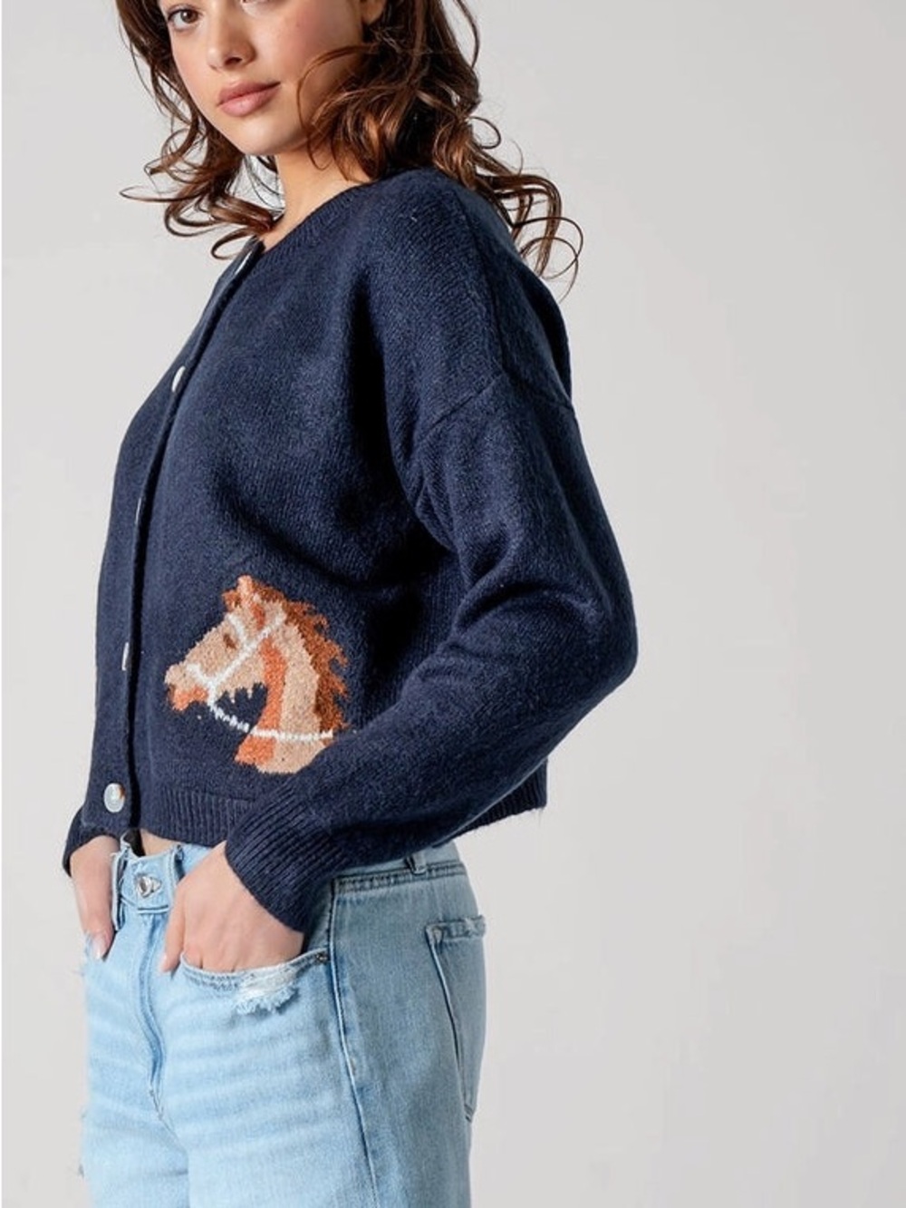 Vigoss Navy Blue Button-Up Cardigan with Horse Intarsia - Picture 3 of 11